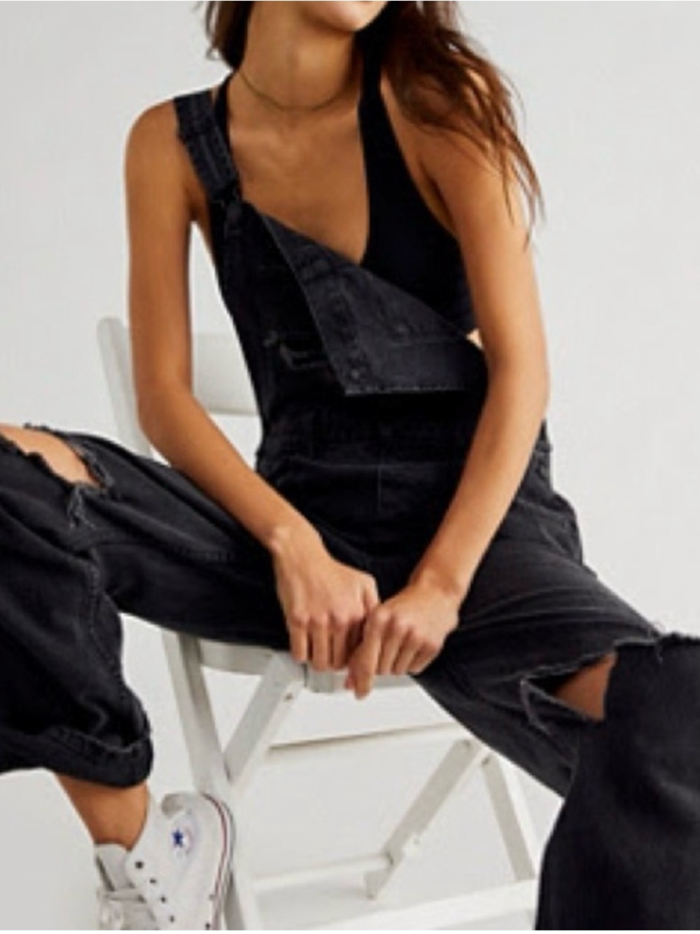 Free People Black Distressed Denim Overalls - Women Jeans